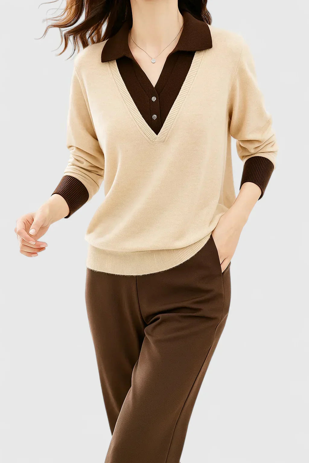 Polo Collar V-Neck Button Cuff Sweater