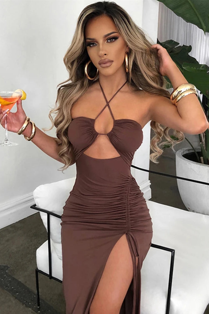 Alluring Halter Backless Cut Out Slit Maxi Dress