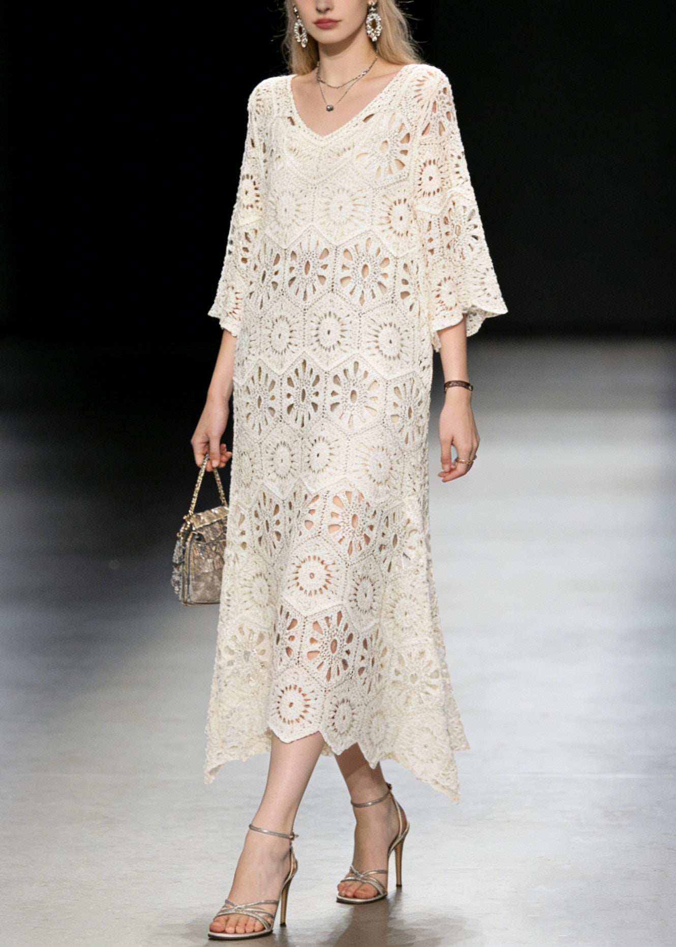 2026 New Apricot V Neck Hollow Out Knit Long Dress Summer