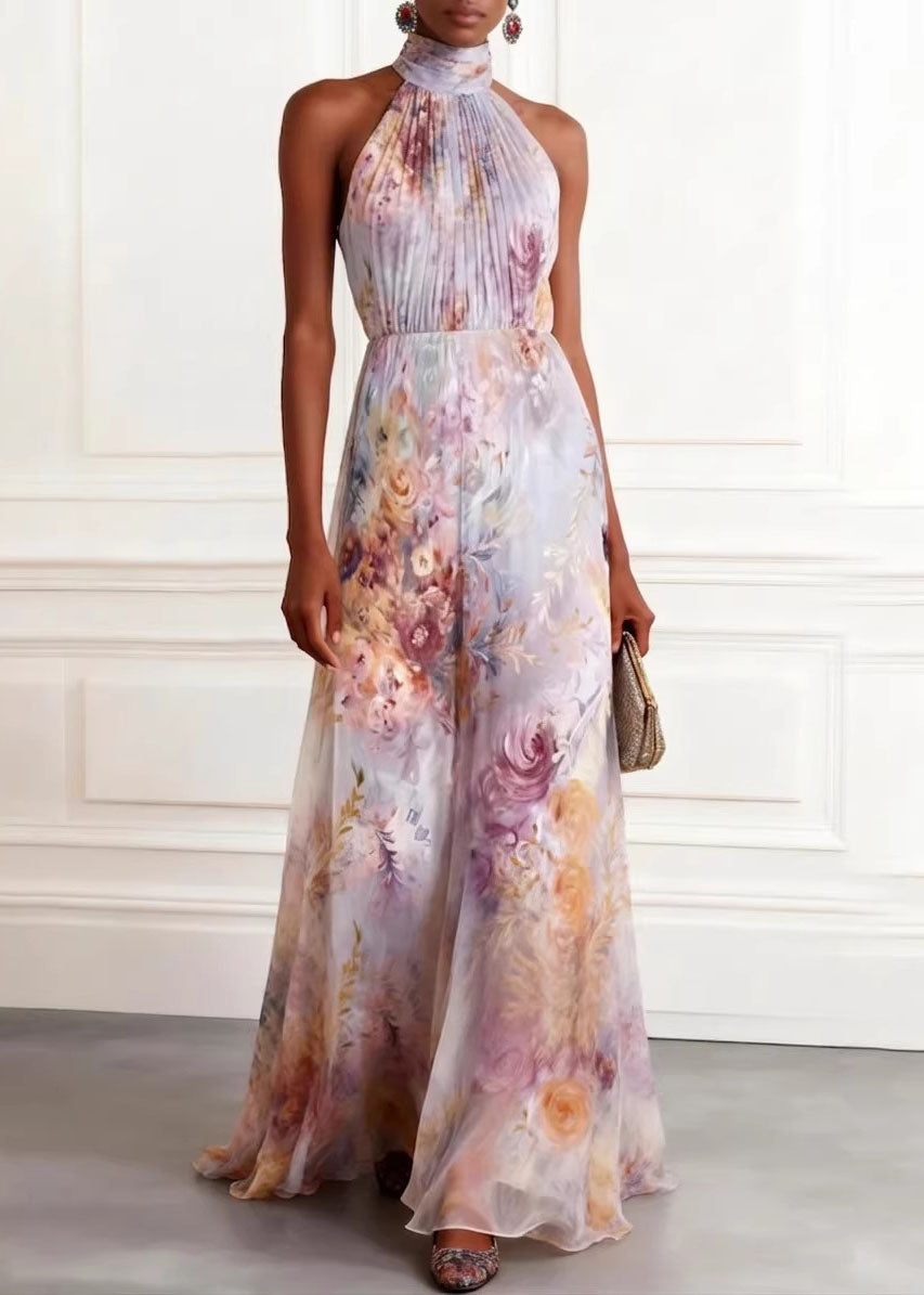 Floral Print Halter Neck Pleated Bodice A-Line Maxi Gown