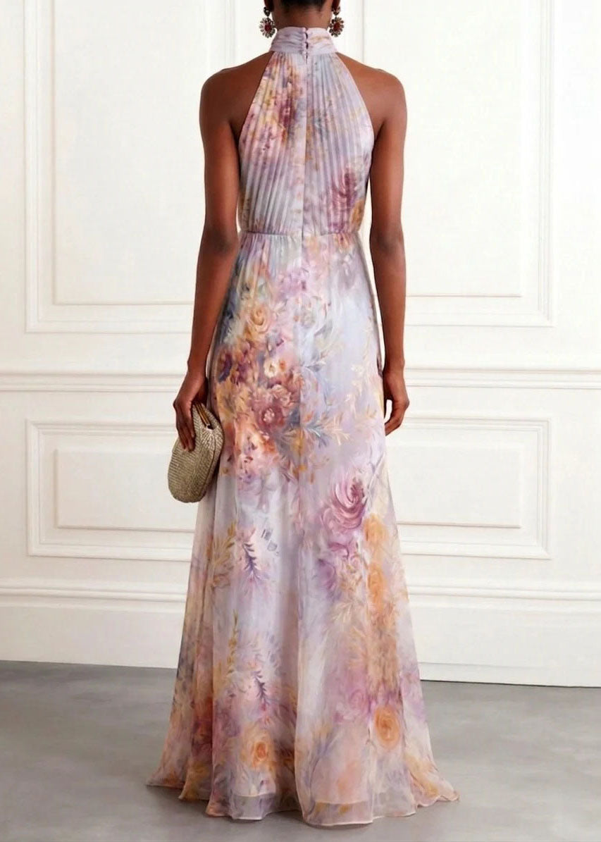 Floral Print Halter Neck Pleated Bodice A-Line Maxi Gown