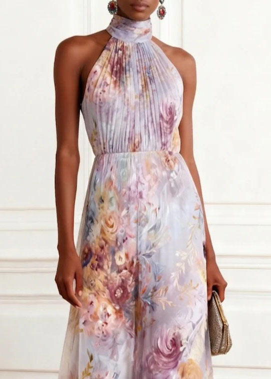 Floral Print Halter Neck Pleated Bodice A-Line Maxi Gown