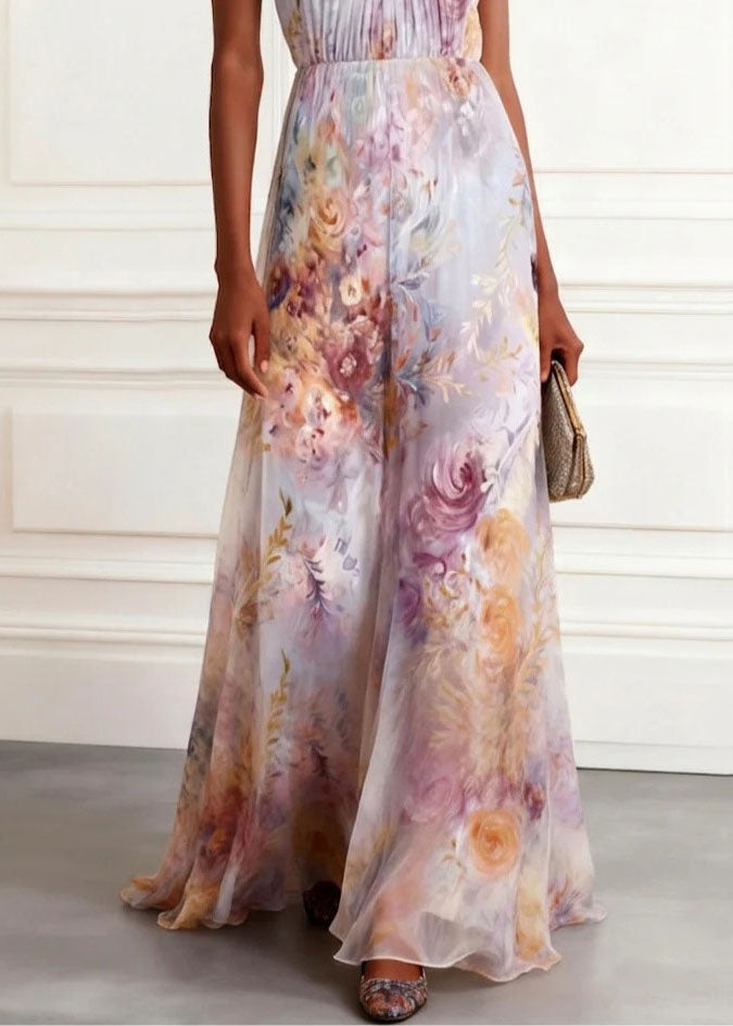 Floral Print Halter Neck Pleated Bodice A-Line Maxi Gown