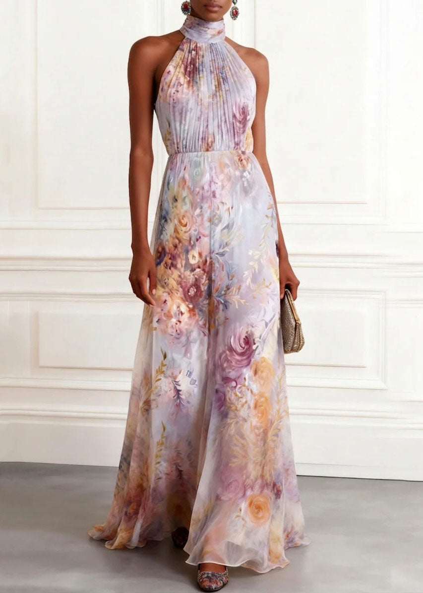 Floral Print Halter Neck Pleated Bodice A-Line Maxi Gown