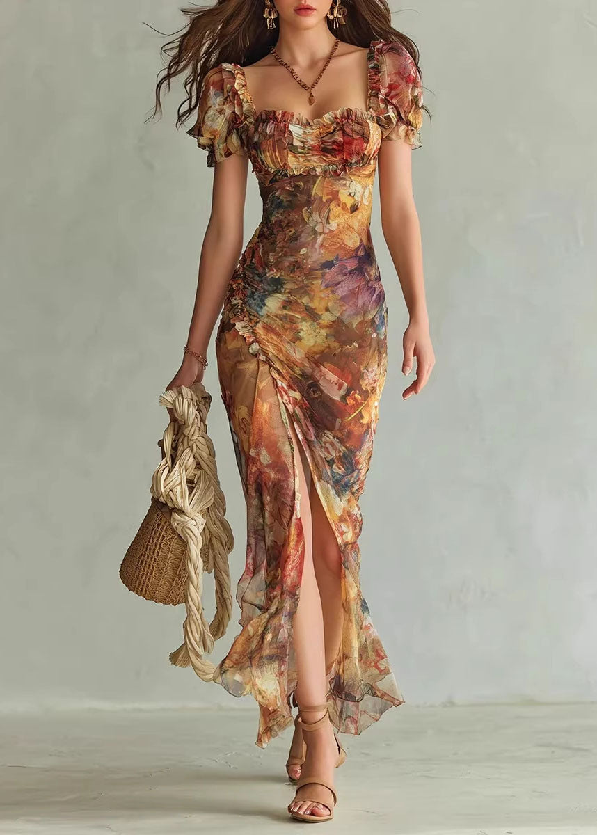 2026 New V-Neck Ruffle Print Side Open Chiffon Dress Summer
