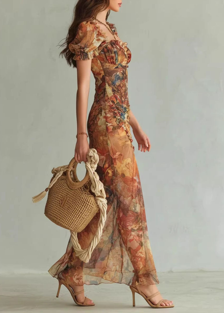 2026 New V-Neck Ruffle Print Side Open Chiffon Dress Summer 3