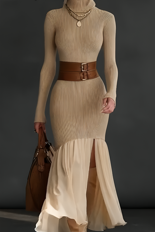 High Neck Long Sleeve Knit Mermaid Maxi Dress 2