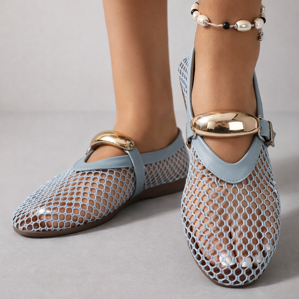 Mesh Round Toe Metal Buckle Strap Mary Jane Flats