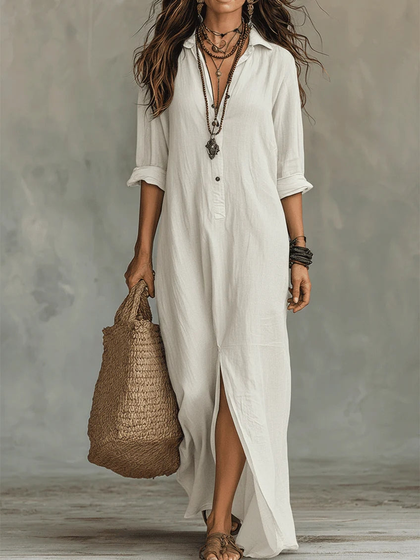 Collared Half Placket Long Sleeve Side Slit Maxi Shirt Dress