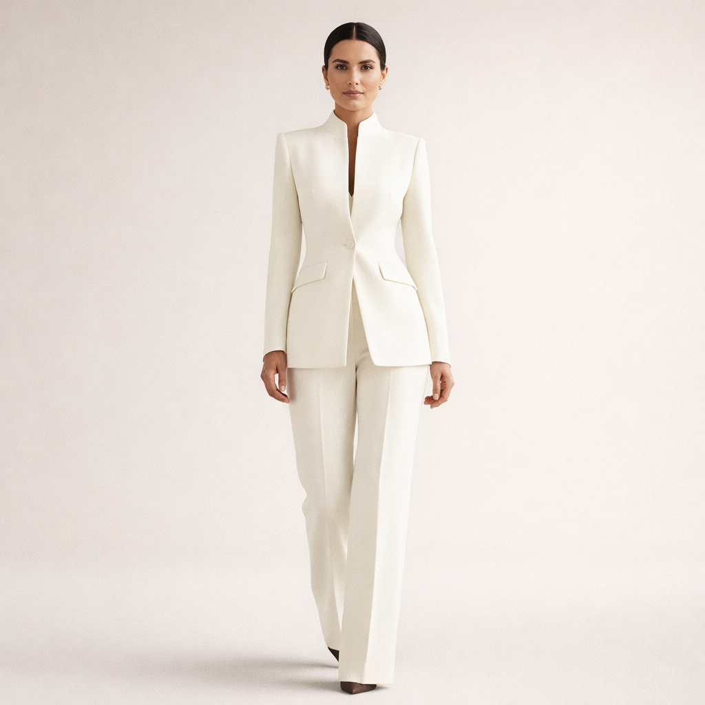 Stand Collar Single Button Blazer and Wide Leg Pants Two Piece Set
