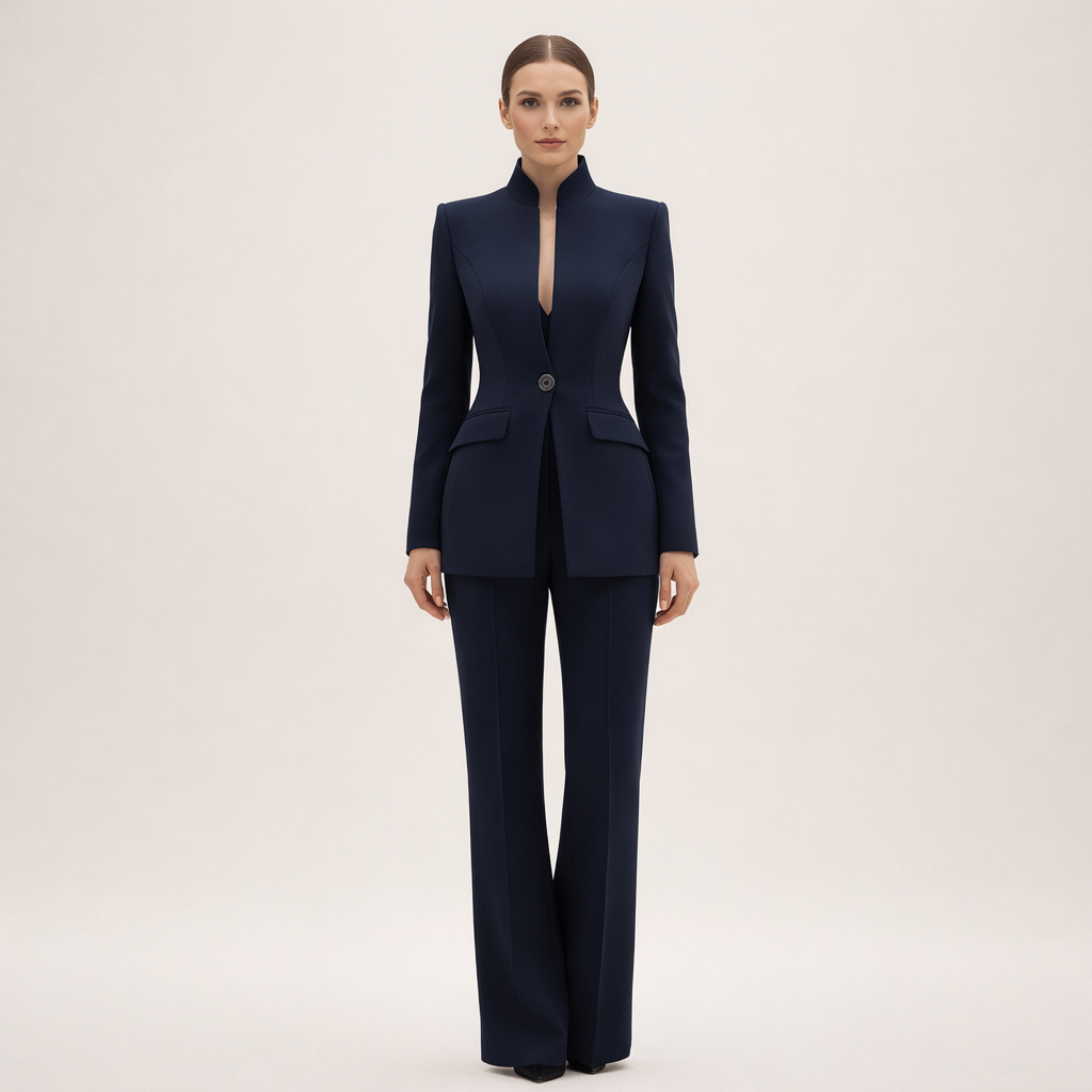 Stand Collar Single Button Blazer and Wide Leg Pants Two Piece Set