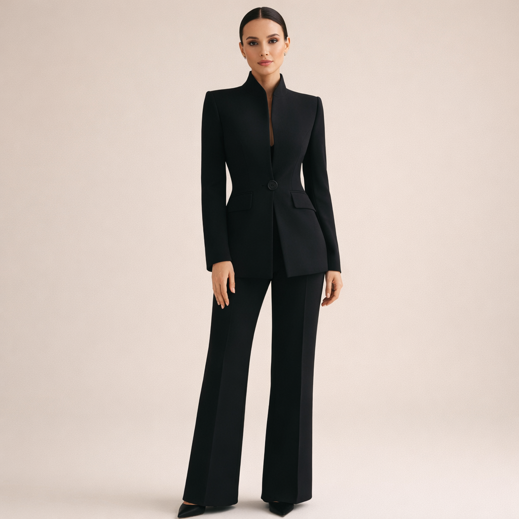 Stand Collar Single Button Blazer and Wide Leg Pants Two Piece Set