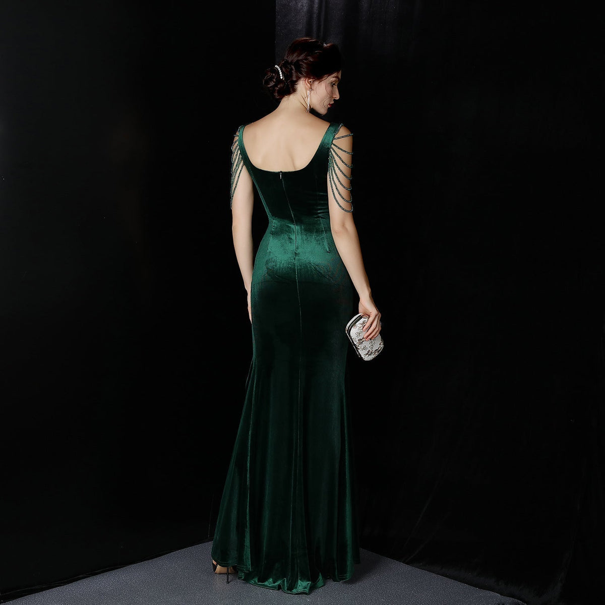 Velvet V-Neck Beaded Chain Sleeve High Split Mermaid Formal Gown 2