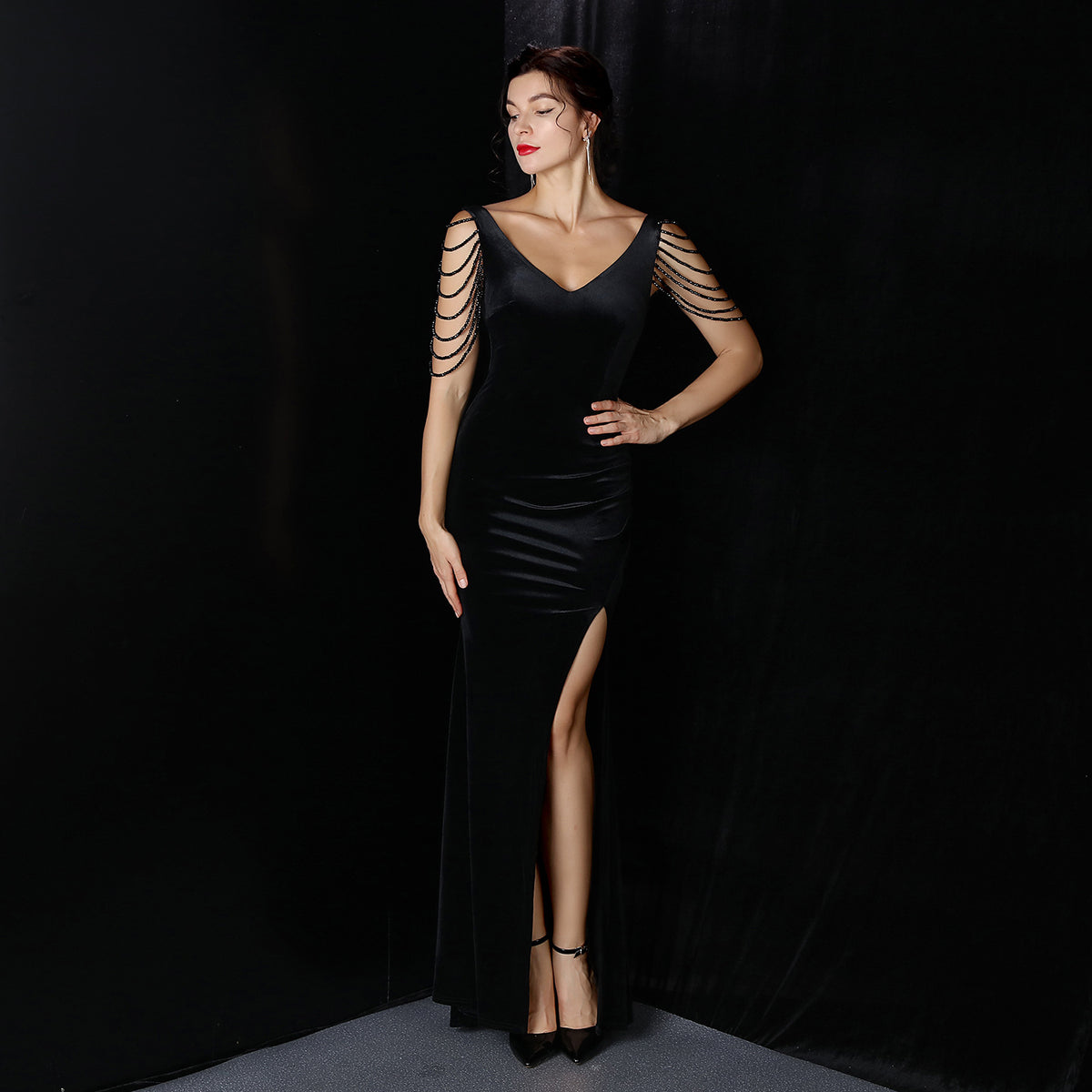 Velvet V-Neck Beaded Chain Sleeve High Split Evening Gown 5