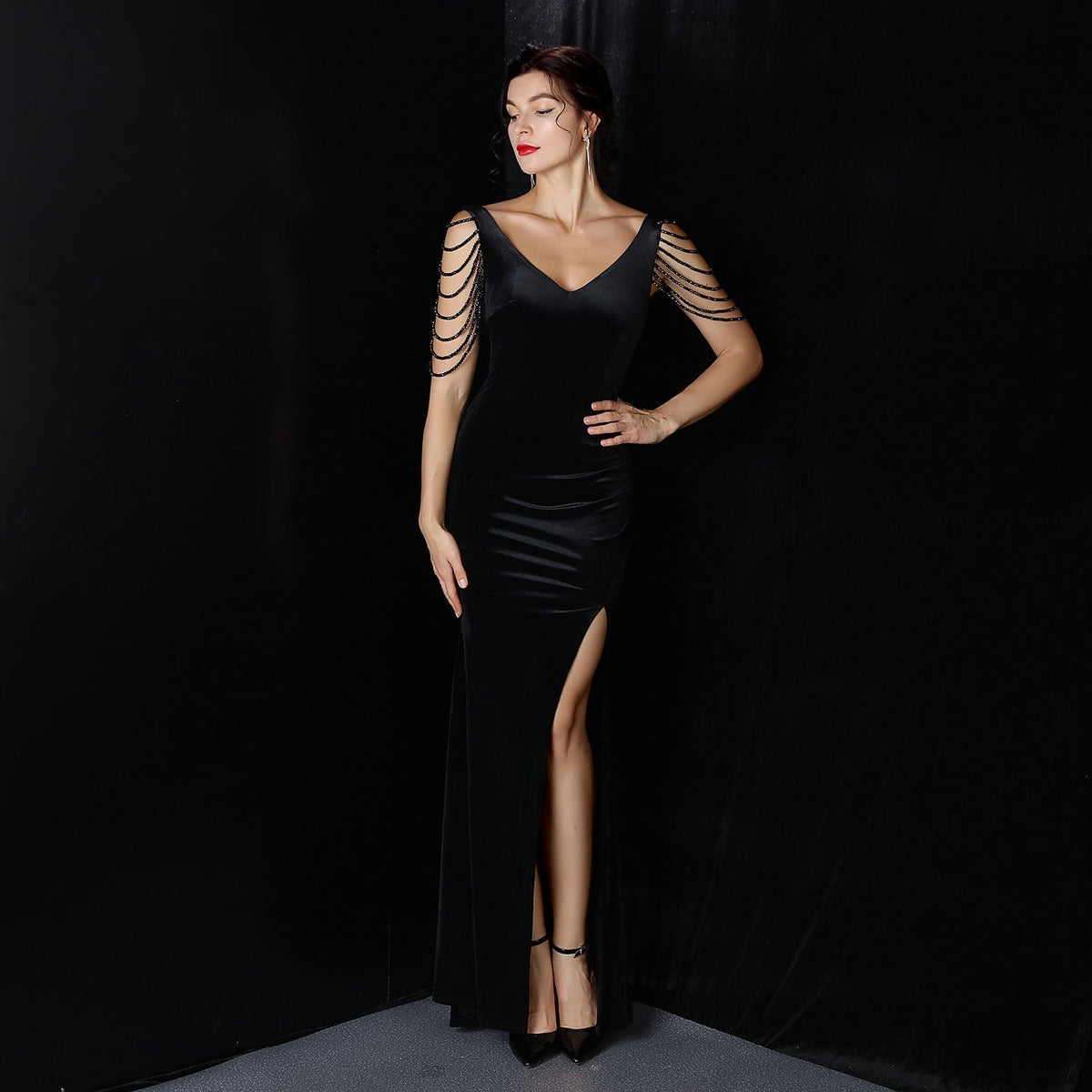 Velvet V-Neck Beaded Chain Sleeve High Split Mermaid Formal Gown 4
