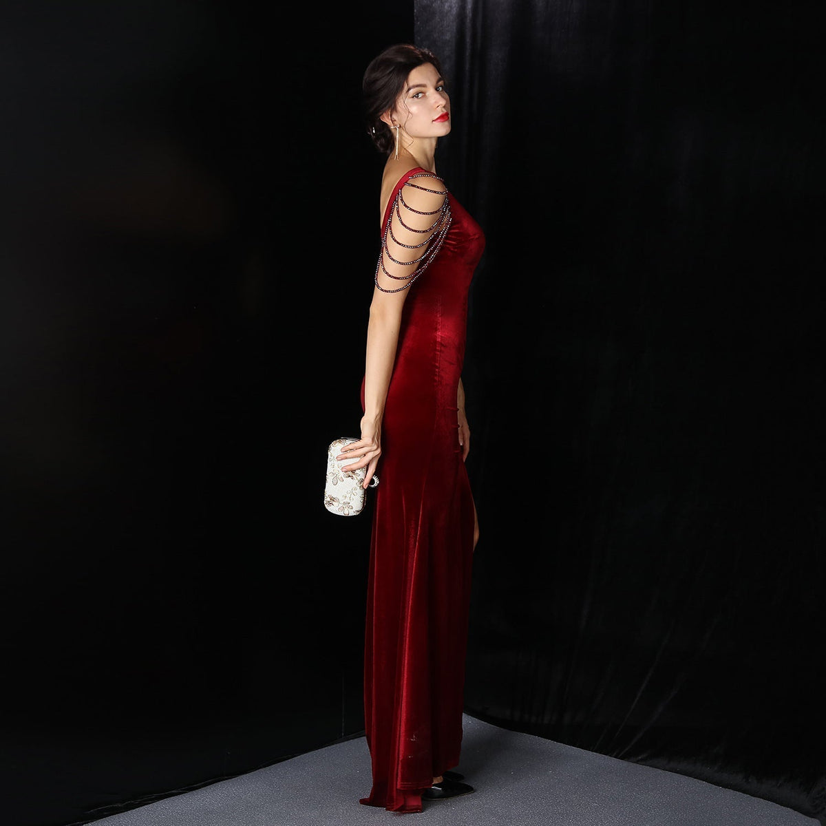 Velvet V-Neck Beaded Chain Sleeve High Split Mermaid Formal Gown 8