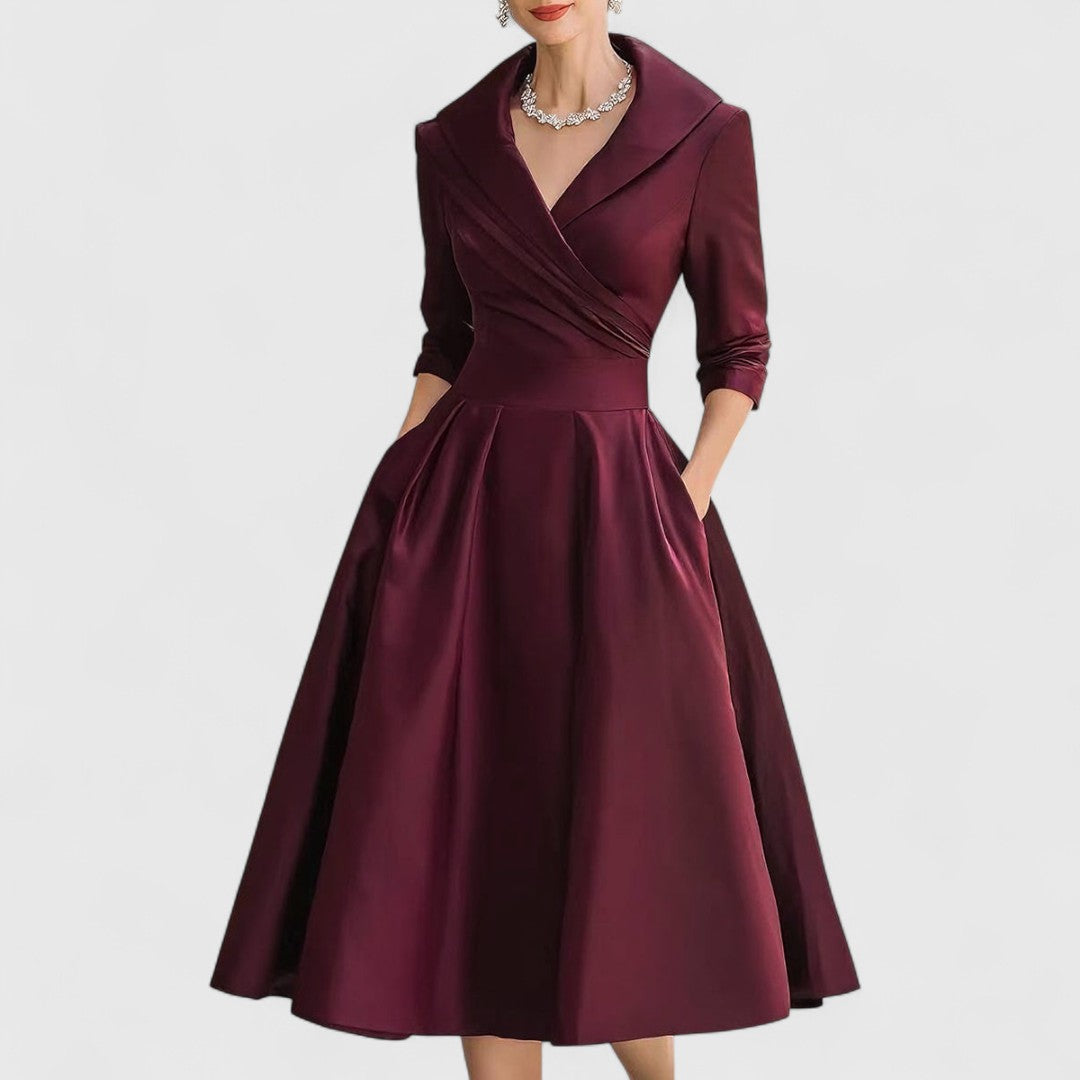 Satin Shawl Collar Wrap Fit and Flare Midi Dress
