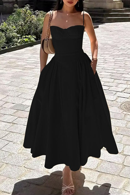 Satin Sweetheart Wide Strap Fit and Flare Midi Dress