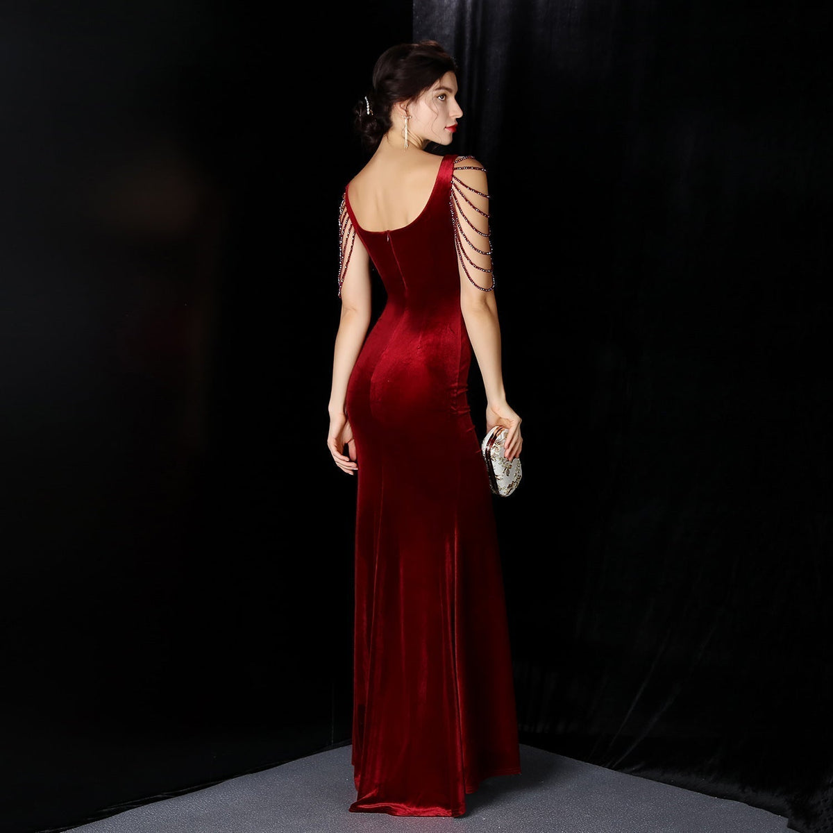 Velvet V-Neck Beaded Chain Sleeve High Split Mermaid Formal Gown 9