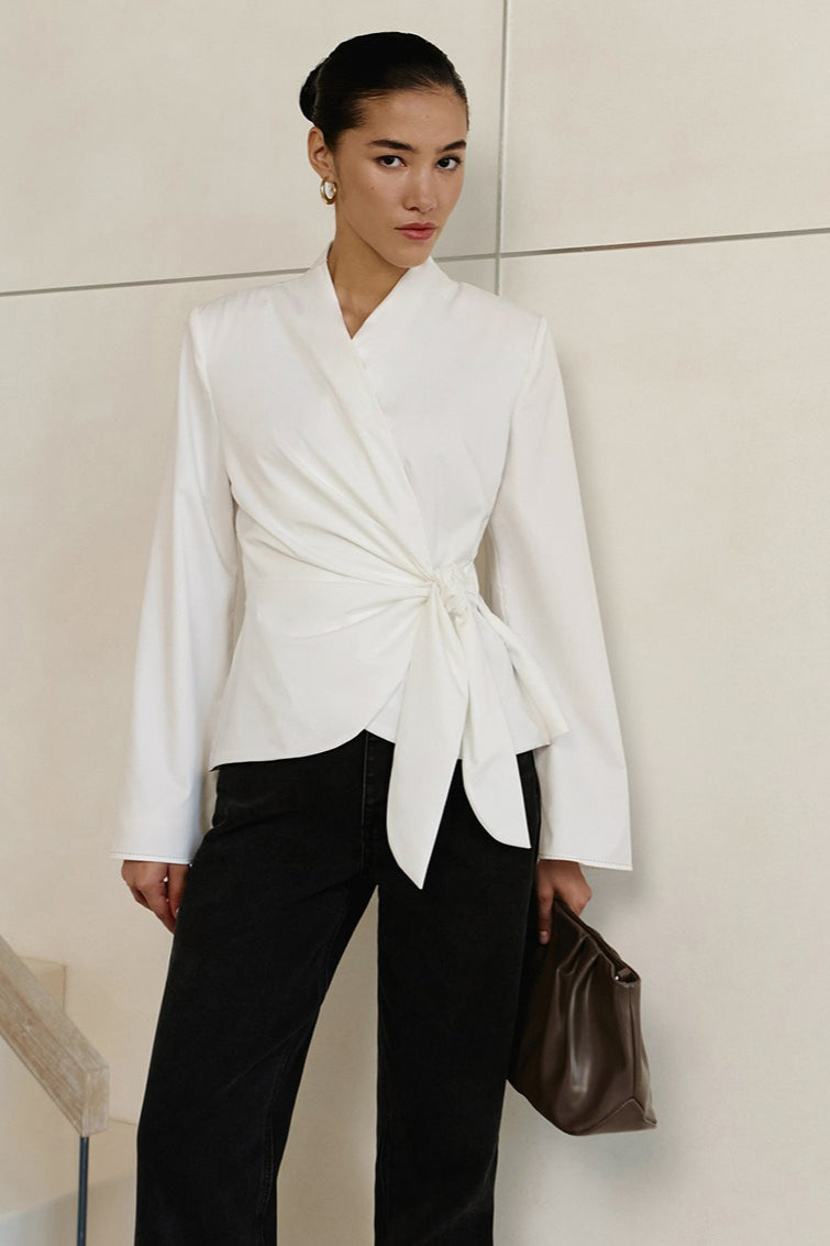 V-Neck Wrap Front Side Tie Long Sleeve Blouse