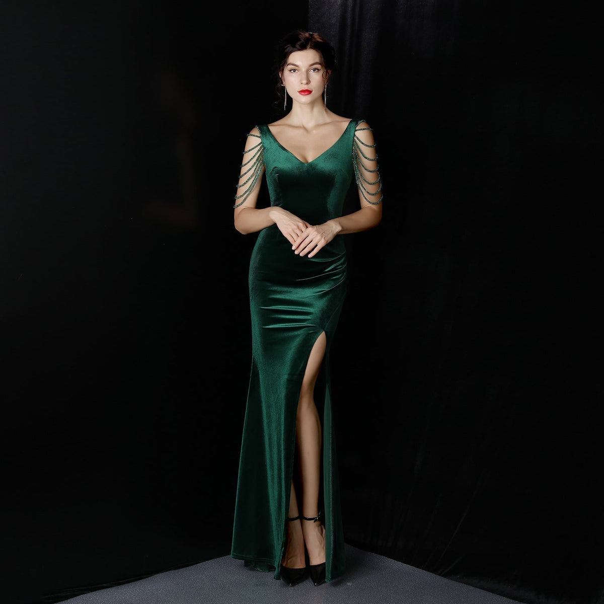 Velvet V-Neck Beaded Chain Sleeve High Split Mermaid Formal Gown