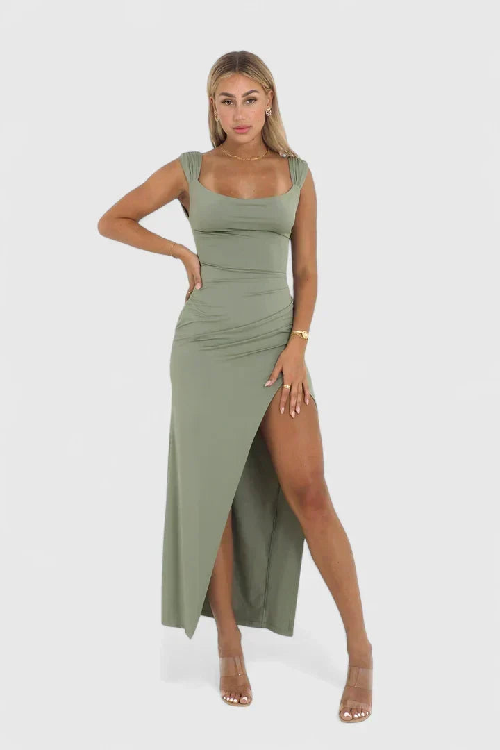 Cowl Neck Ruched High Split Bodycon Maxi Dress
