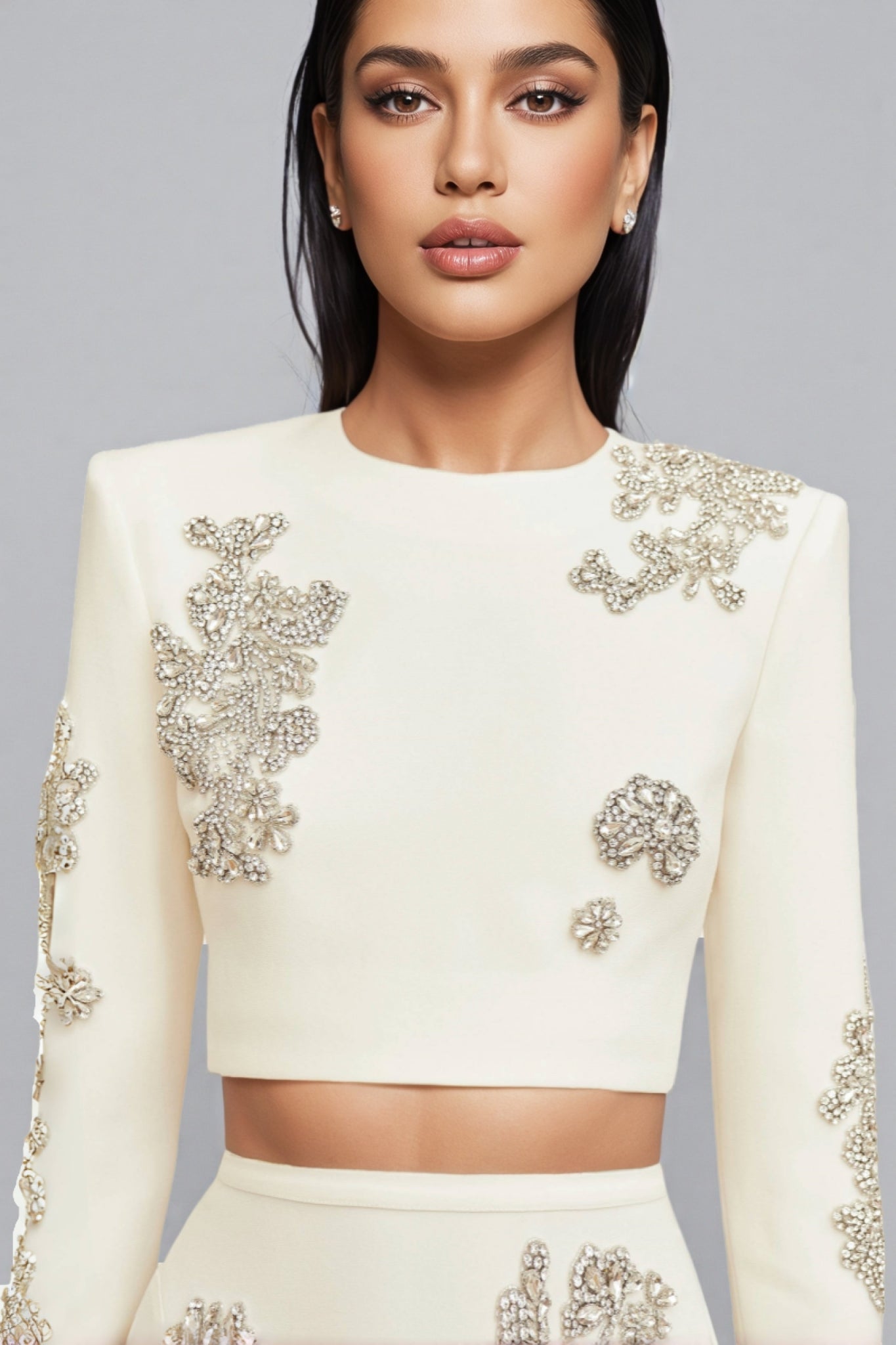 Beaded Floral Appliqué Long Sleeve Crop Top Maxi Skirt Two Piece Set