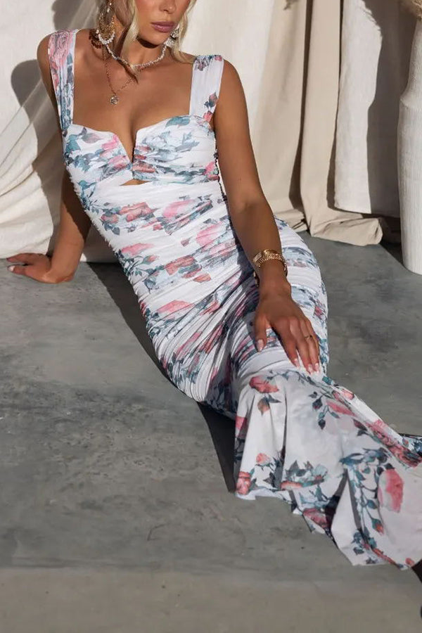 Styled To Perfection Floral Ruched Mesh Overlay Ruffle Hem Maxi Dress - View 17