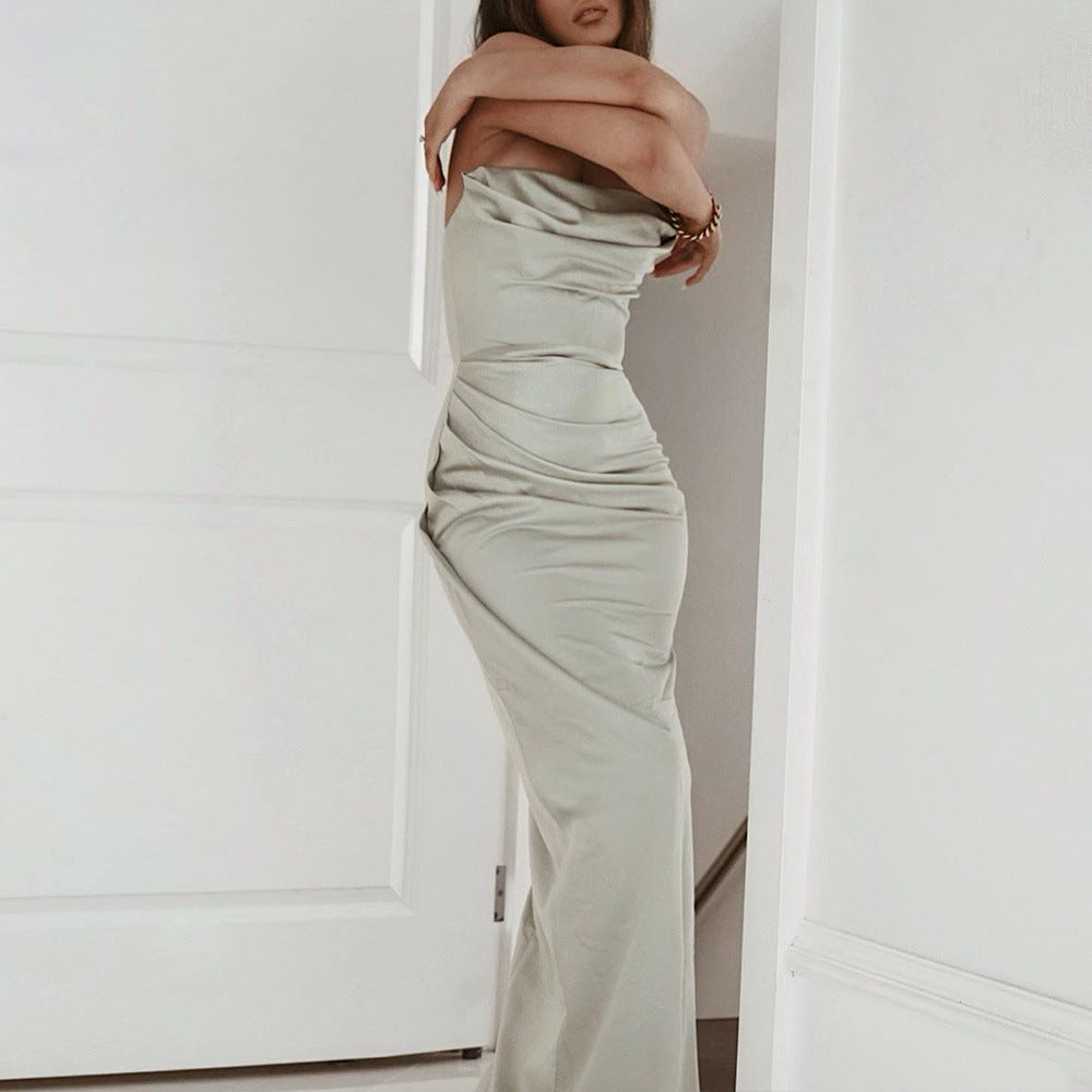 Strapless Satin Draped Cowl Neck Ruched High Split Maxi Dress 4