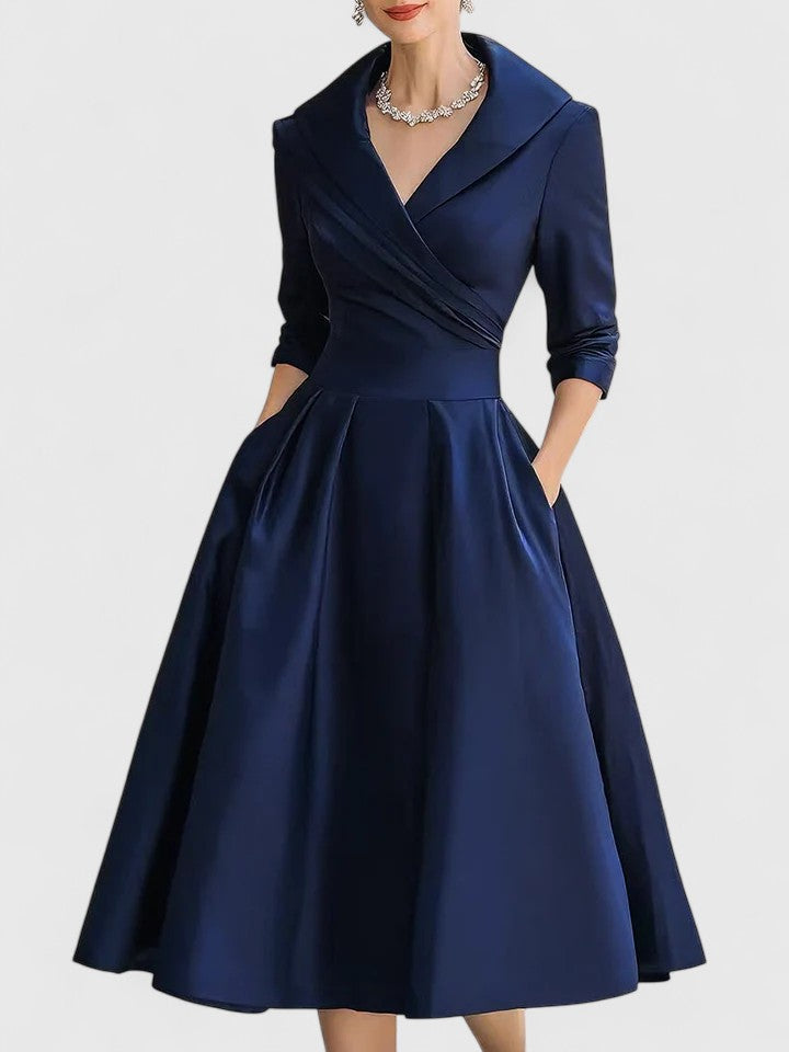 Satin Collared Long Sleeve Fit and Flare Midi Dress 5