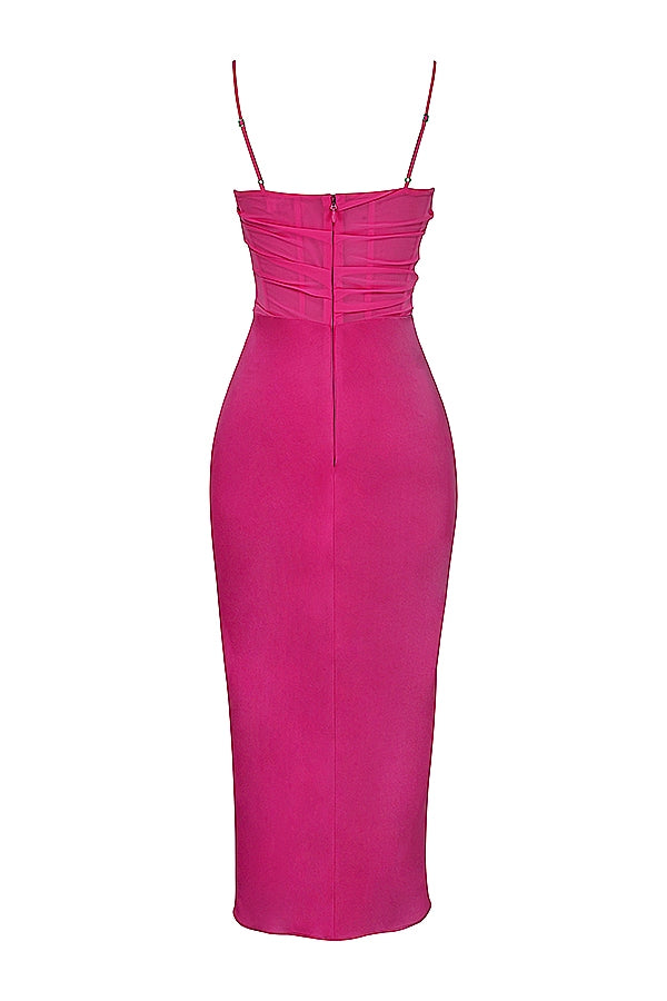 Satin Ruched Corset Bodice Cami Bodycon Midi Dress 13