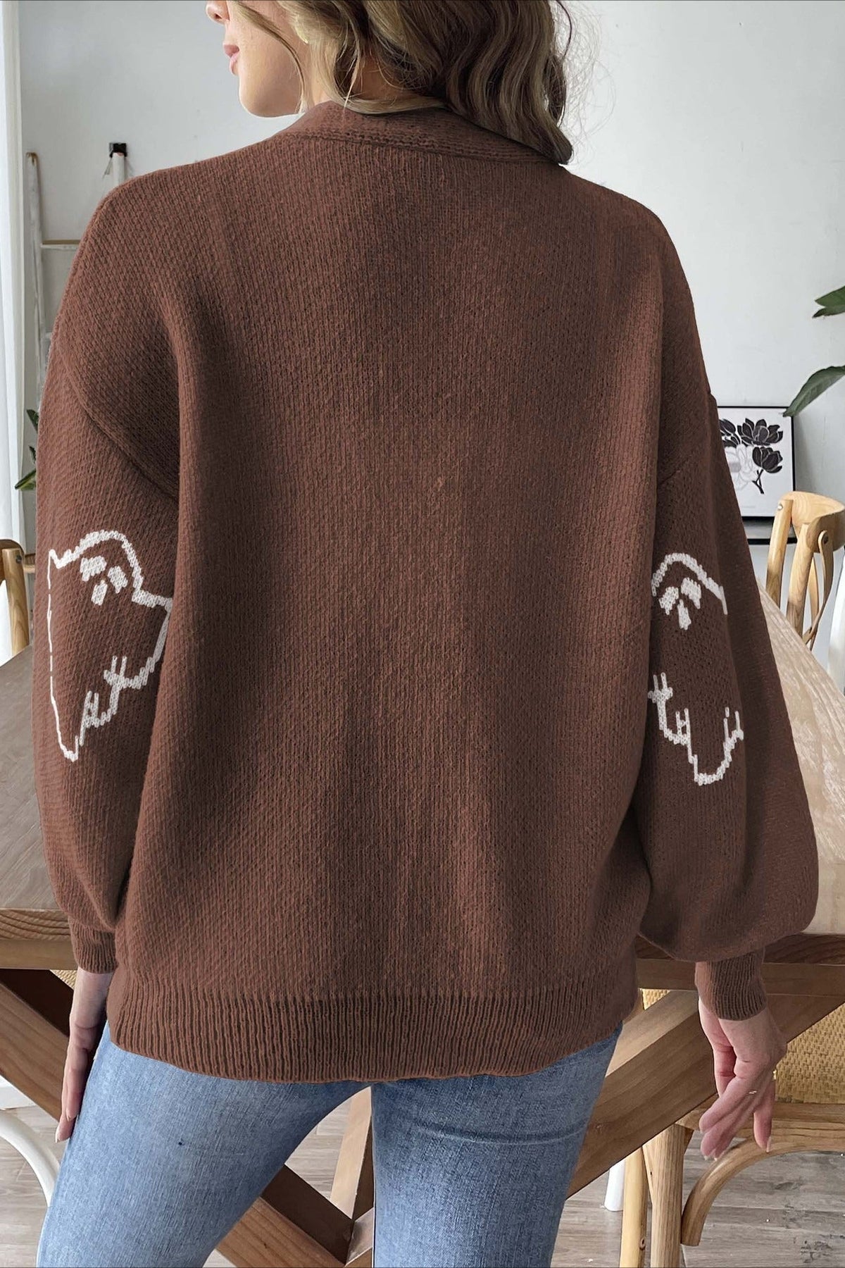 Ghost Pattern V-Neck Drop Shoulder Button Front Knit Cardigan 12