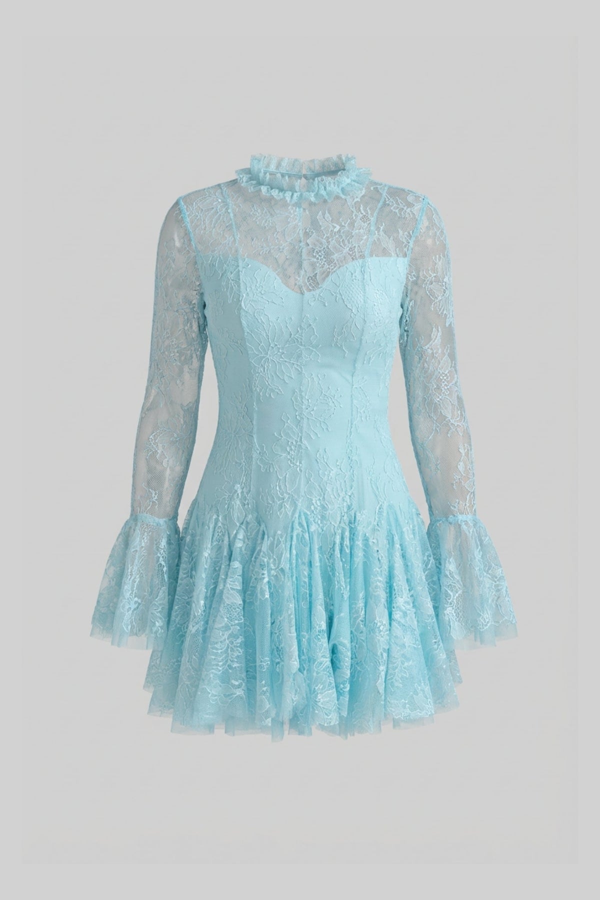 Sheer Lace Ruffle Neck Long Sleeve Flared Cuff Ruffle Hem Mini Dress 2