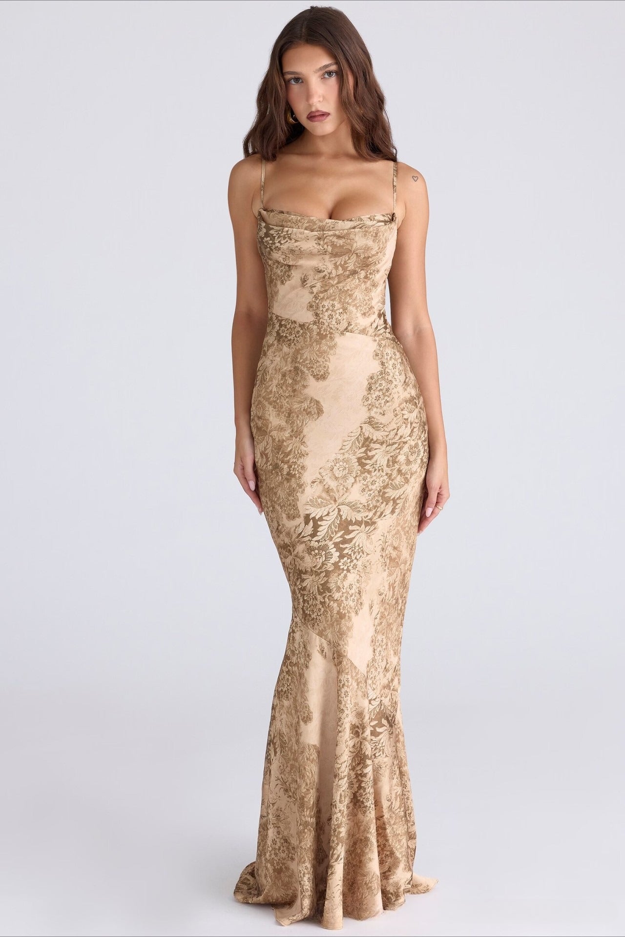 Floral Spaghetti Strap Cowl Neck Mermaid Gown