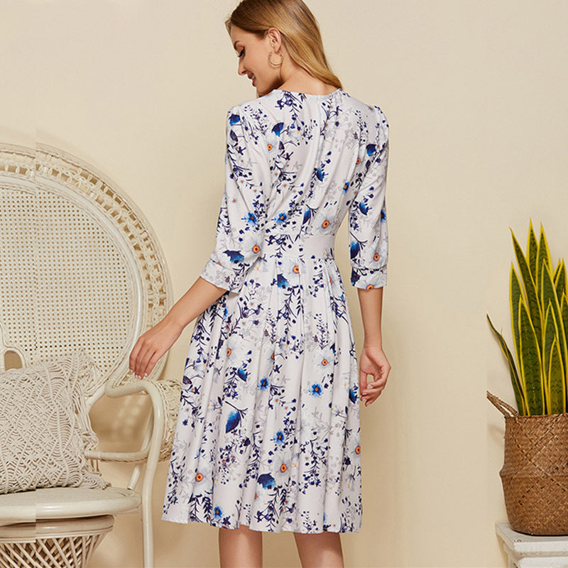 Elegant Printed Crewneck Midi Dress