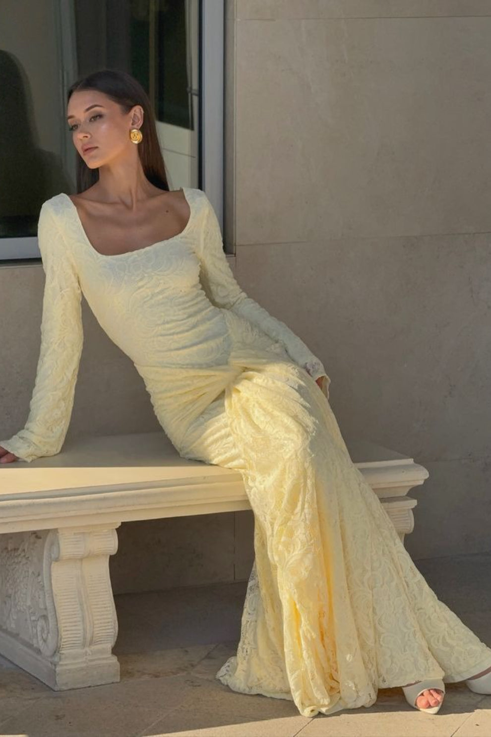 Lace Square Neck Long Sleeve Mermaid Maxi Dress