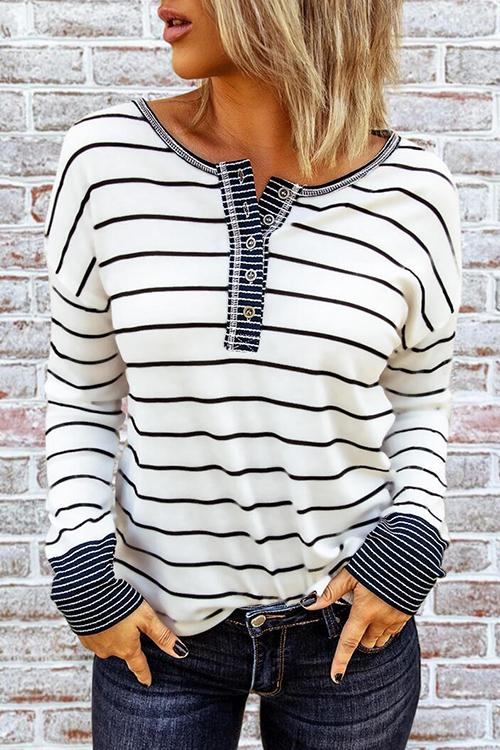 Button Neck Stripe Long Sleeve T Shirt