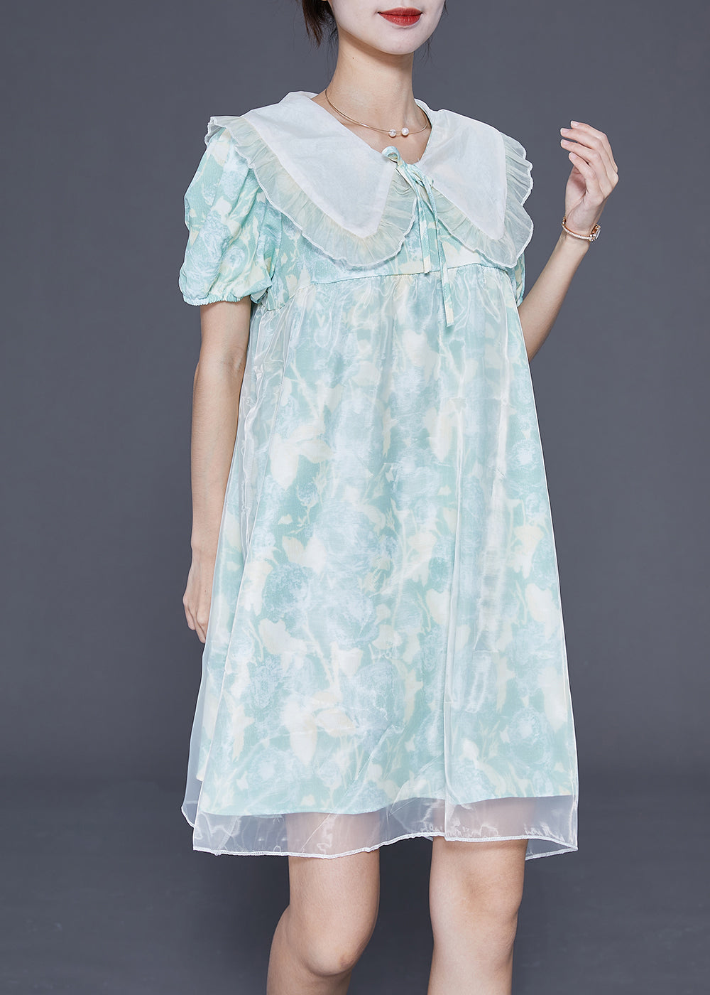 Floral Print Peter Pan Collar Puff Sleeve Sheer Overlay Babydoll Mini Dress
