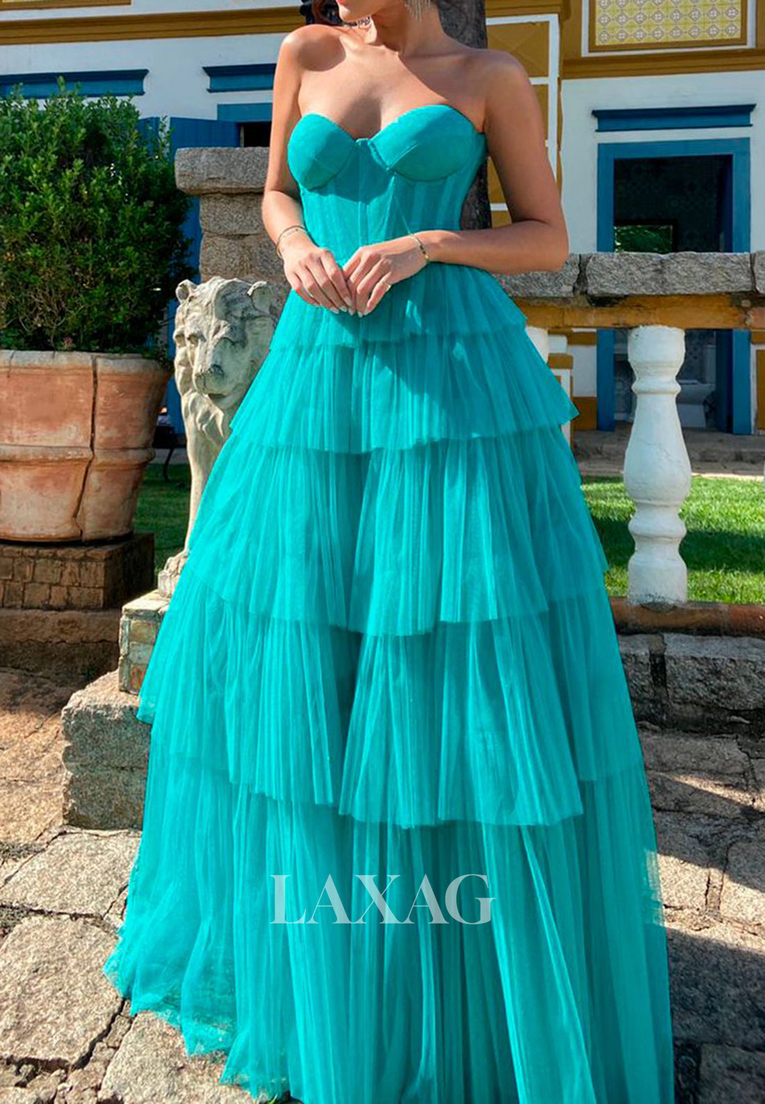 Sweetheart Sleeveless Off-Shoulder Floor-Length Pleated Tulle Tiered Long Formal Evening Dress