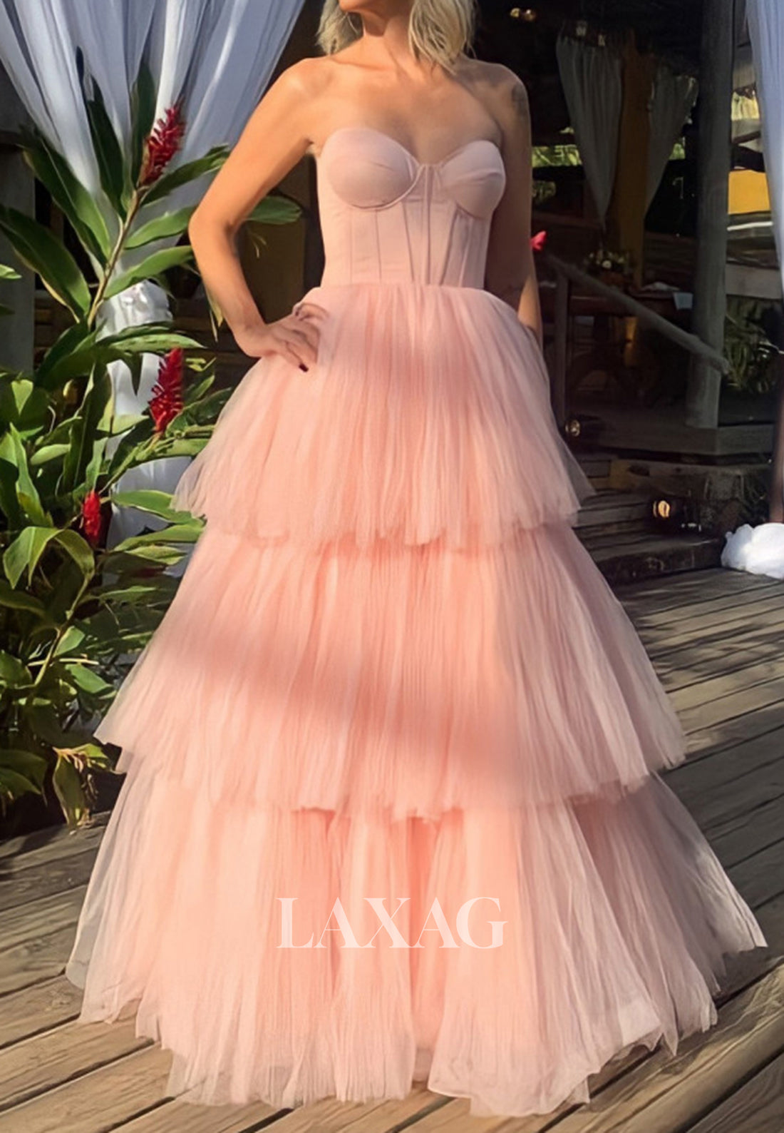 Sweetheart Sleeveless Off-Shoulder Floor-Length Pleated Tulle Tiered Long Formal Evening Dress
