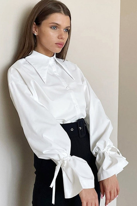 Pointed Collar Tie Cuff Long Sleeve Oversized Button Front Shirt 2