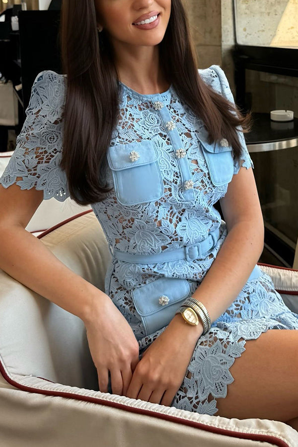Floral Lace Round Neck Short Sleeve Belted Ruffle Hem Mini Dress