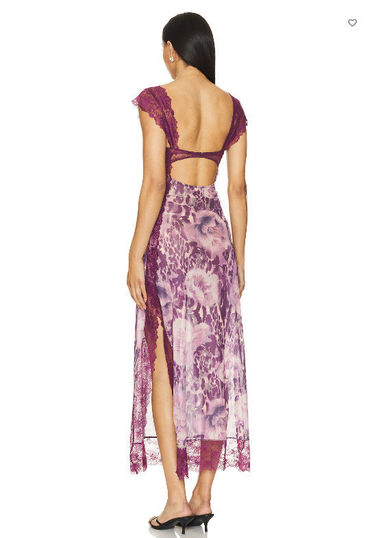 Floral Lace Trim Cut Out Slip Midi Dress 48