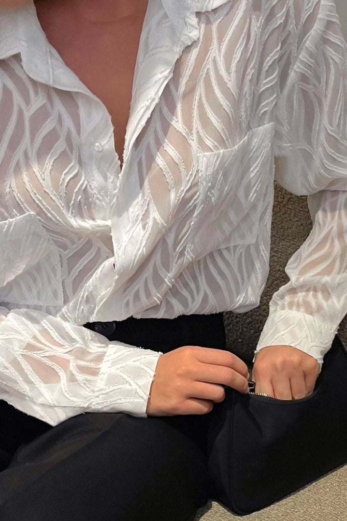 Sheer Textured Burnout Collared Long Sleeve Pocket Shirt 3