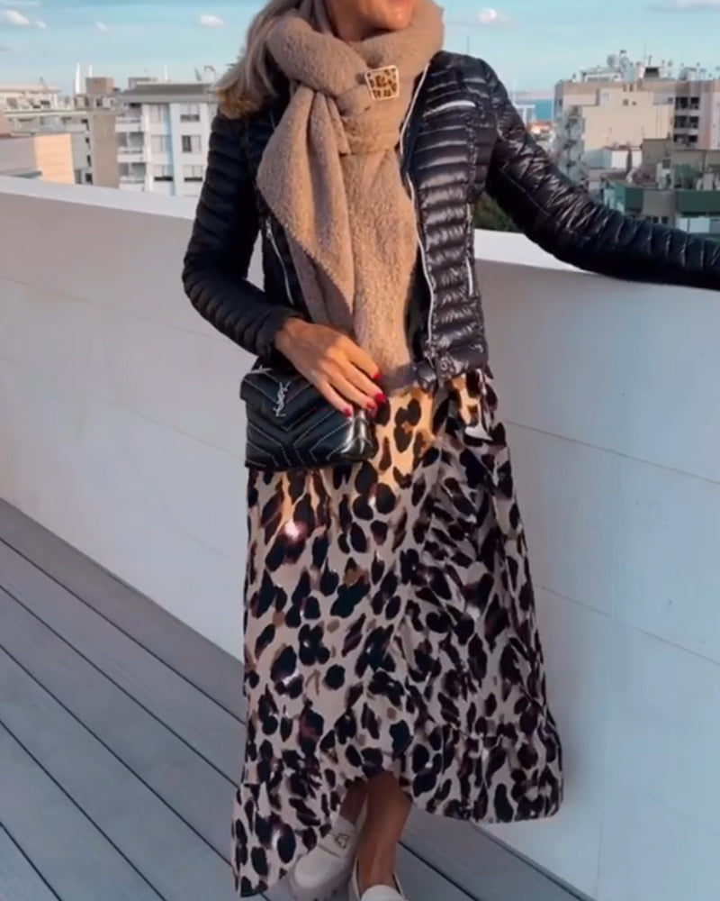 Leopard Print V-Neck Wrap Puff Sleeve Tie Waist Ruffle Trim Midi Dress