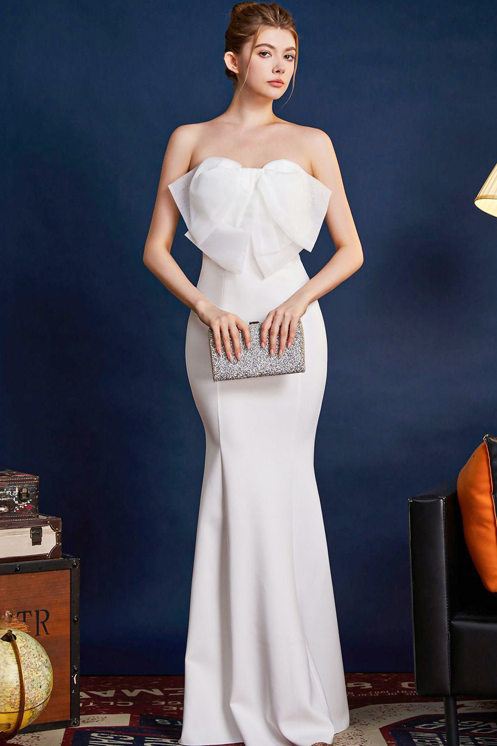 Strapless Organza Bow Bustier Mermaid Gown