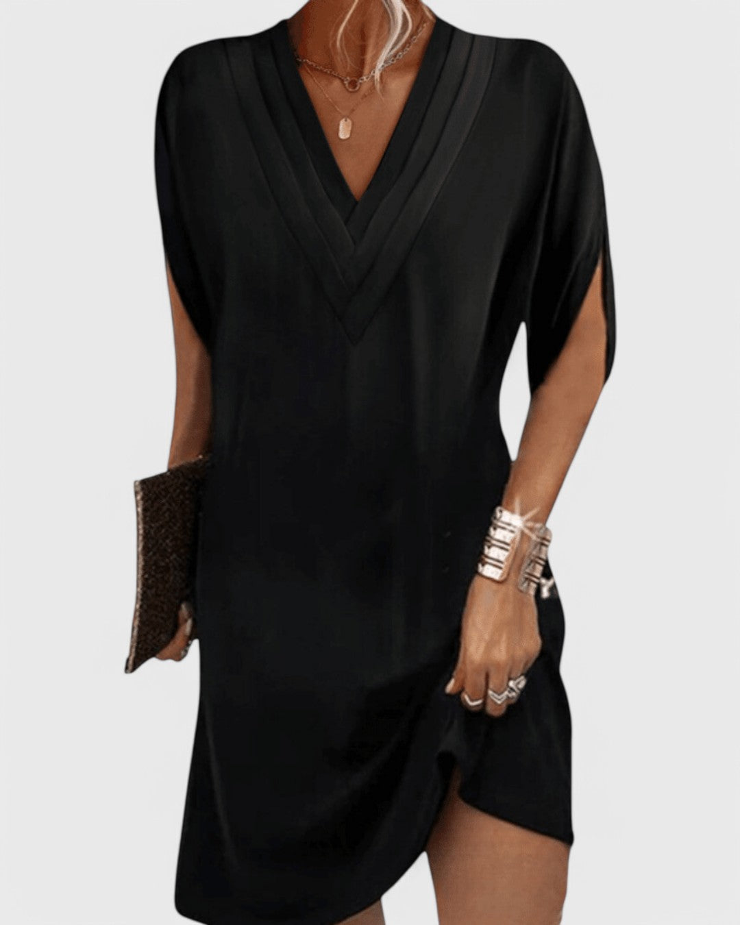 Deep V-Neck Short Sleeve Shift Mini Dress