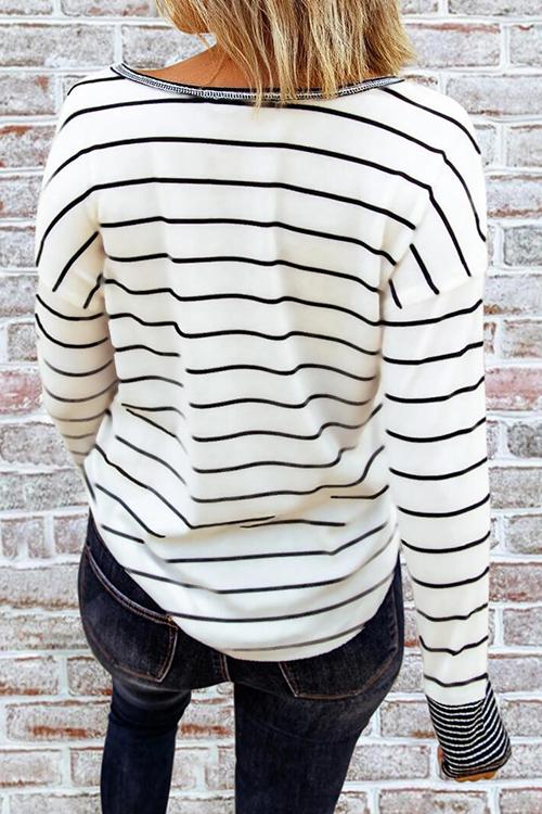 Button Neck Stripe Long Sleeve T Shirt