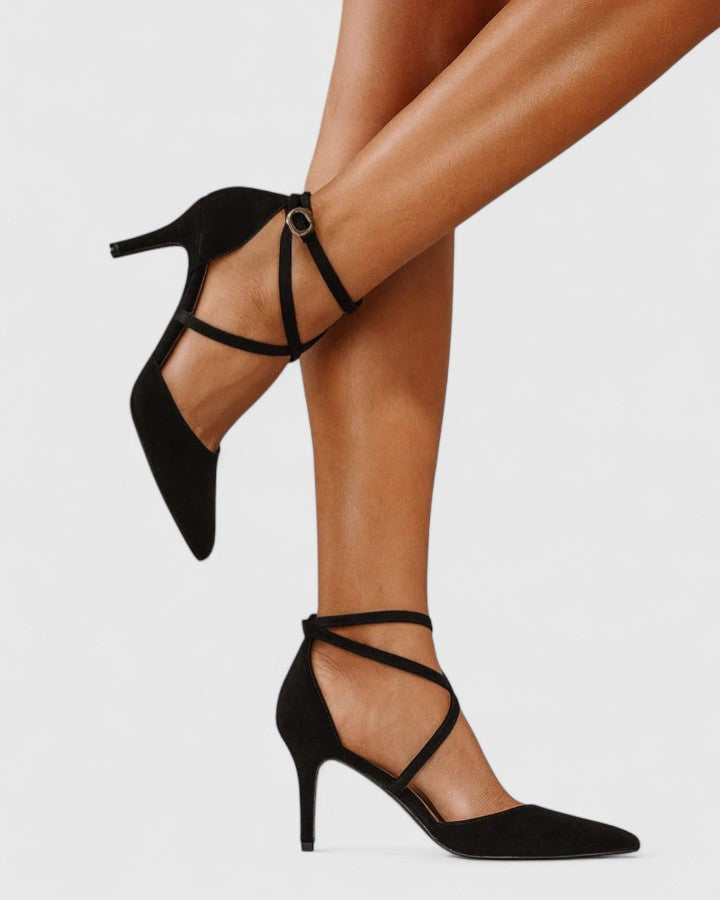 Pointed Toe Cross Ankle Strap Stiletto Heel Pumps