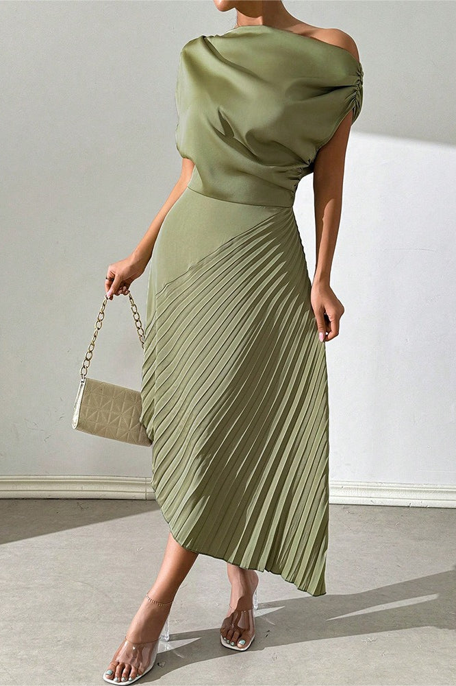 Satin One Shoulder Ruched Pleated Asymmetric Midi Dress